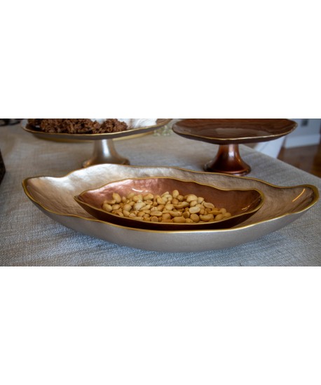 Pink oval dish with gold rim 34x19cm