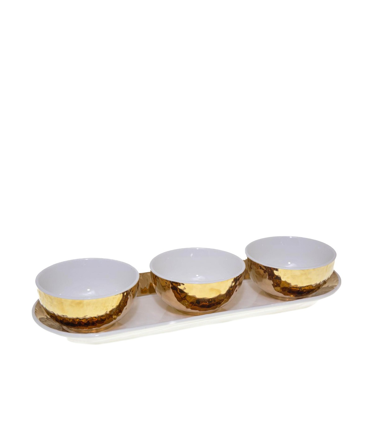 Set de 3 coupelles blanches et dorées sur plateau