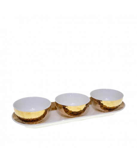 Set de 3 coupelles blanches et dorées sur plateau
