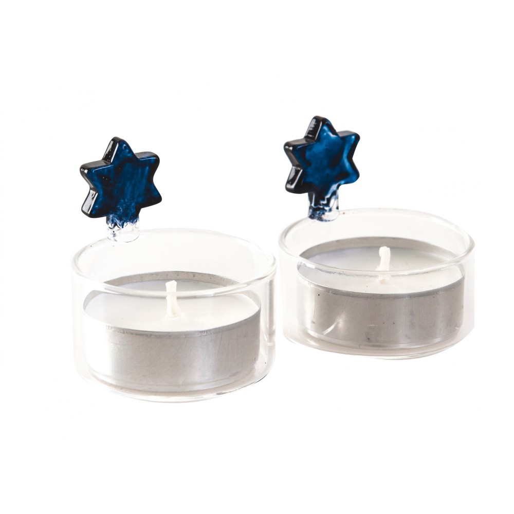 Set of 2 blue Maguen candle holders in PVC box