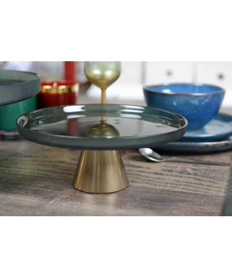 Plat à gâteaux vert sur pied dore 28cm
