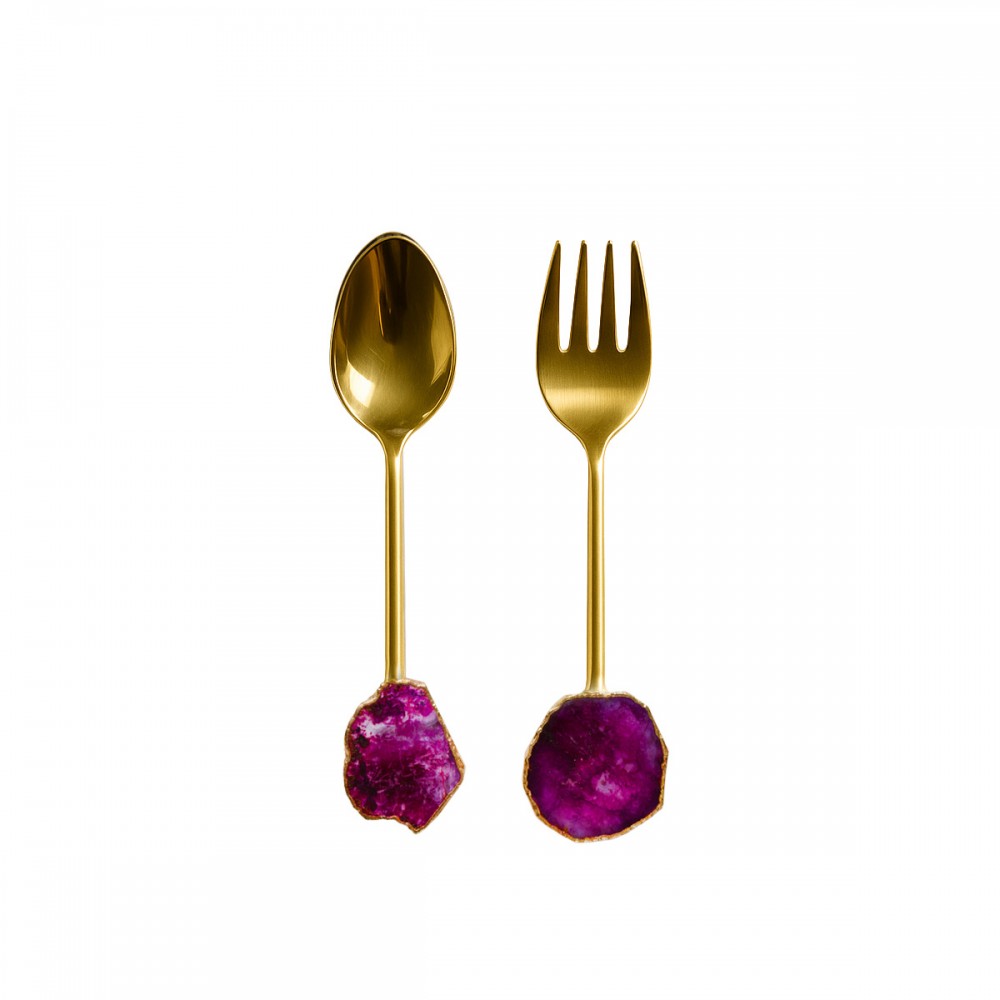 Couverts à salade doré pierre agate rose