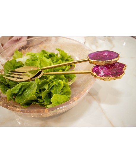 Couverts à salade doré pierre agate rose
