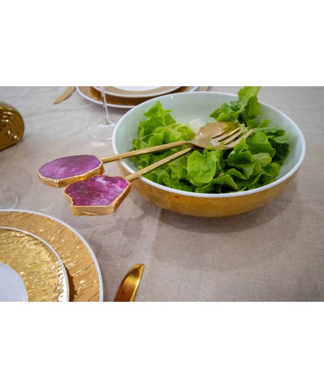 Couverts à salade doré pierre agate rose