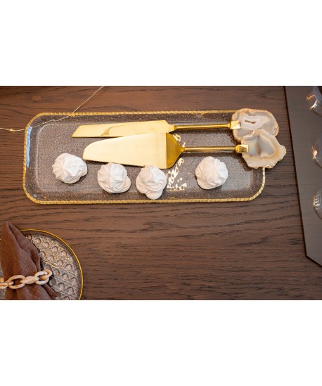 Beige agate stone gilded pie server and knife