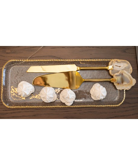 Beige agate stone gilded pie server and knife