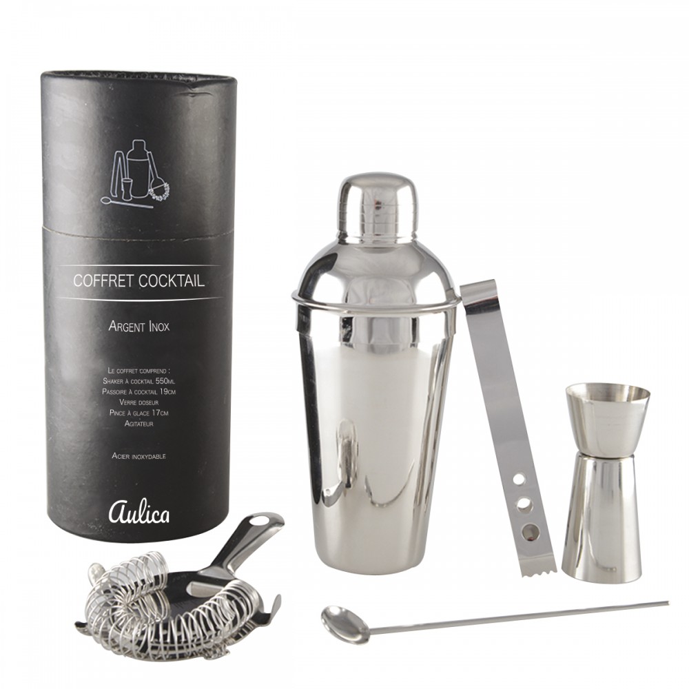 Set cocktail shaker 550ml 5 pièces couleur argent