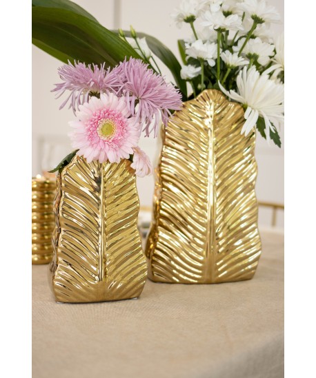 Vase feuille doré en céramique 13x7.5x21cm
