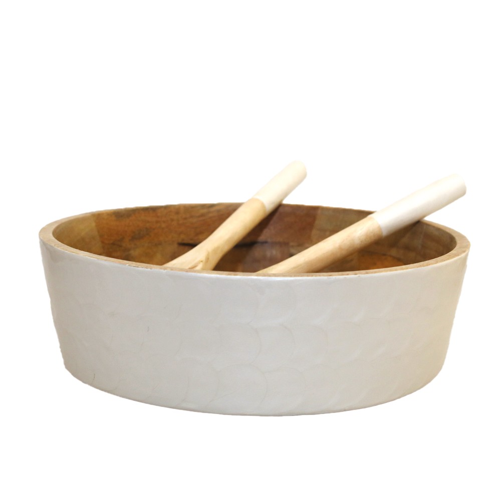 Salad bowl and salad servers in white and mango wood