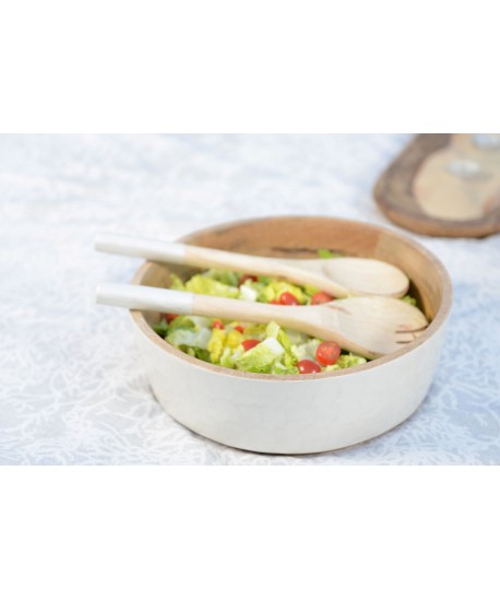 Salad bowl and salad servers in white and mango wood