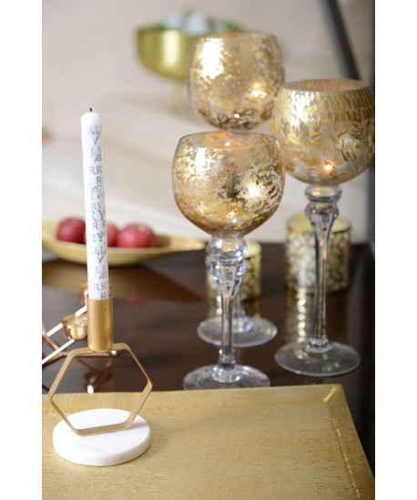 Mat gold octagonal candlestick with marble base h.17 cm