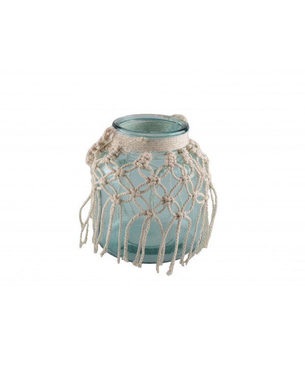 Aqua green glass vase with macramé h.16.5cm
