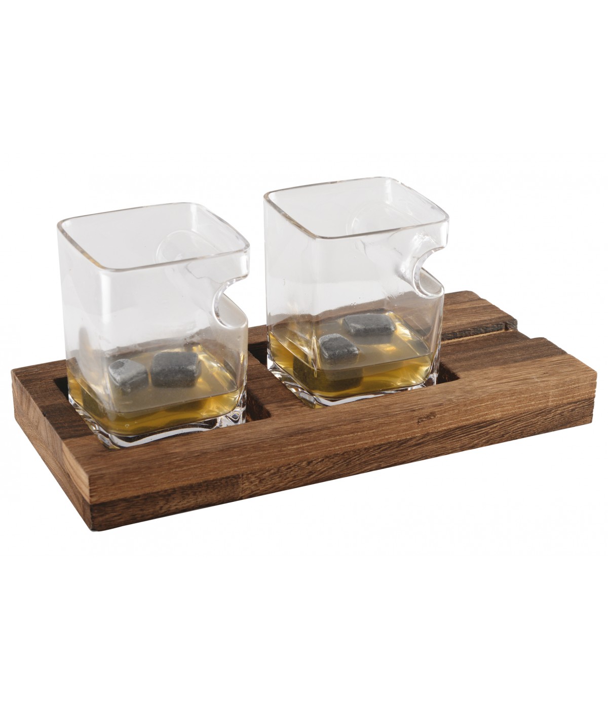 Duo whisky deux verres support bois 4 glaçons pierre céramique