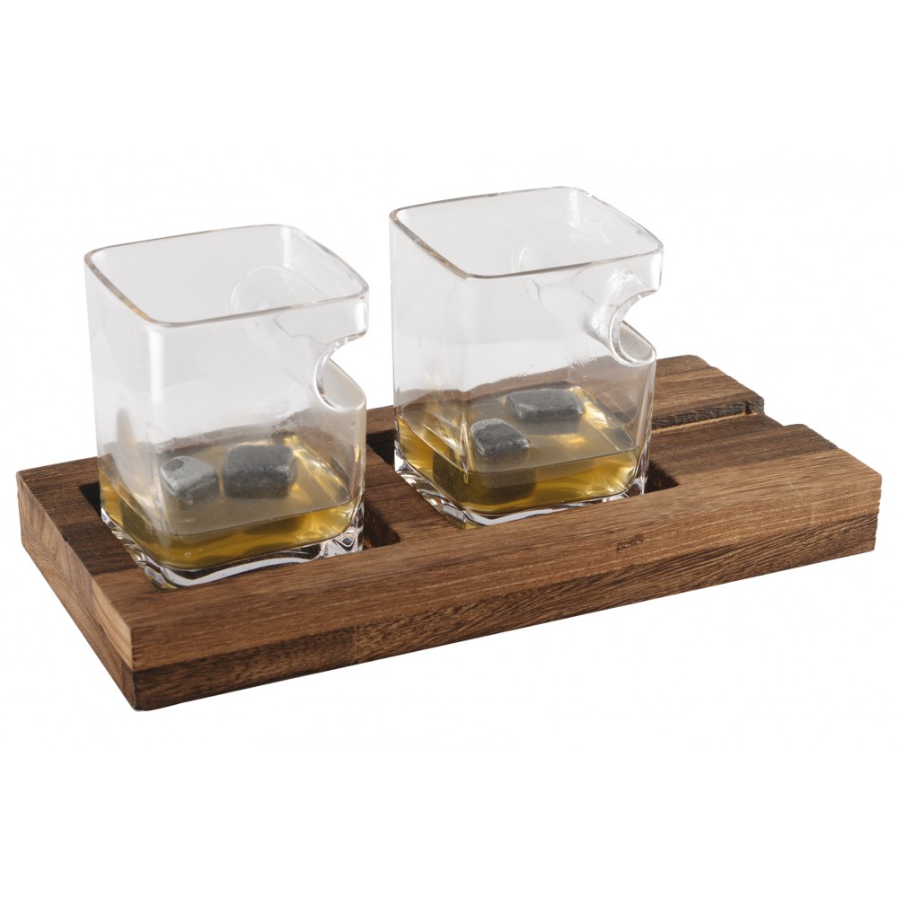 Duo whisky deux verres support bois 4 glaçons pierre céramique