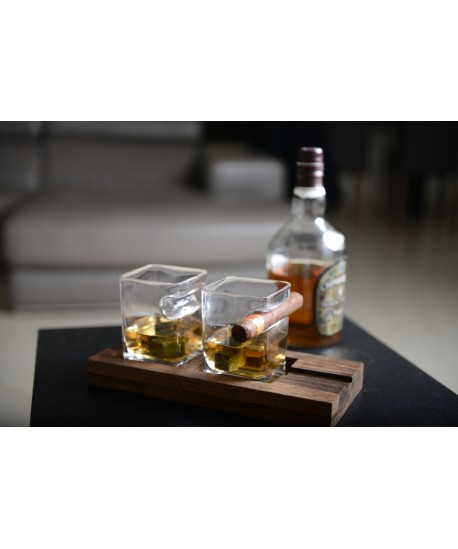 Duo whisky deux verres support bois 4 glaçons pierre céramique
