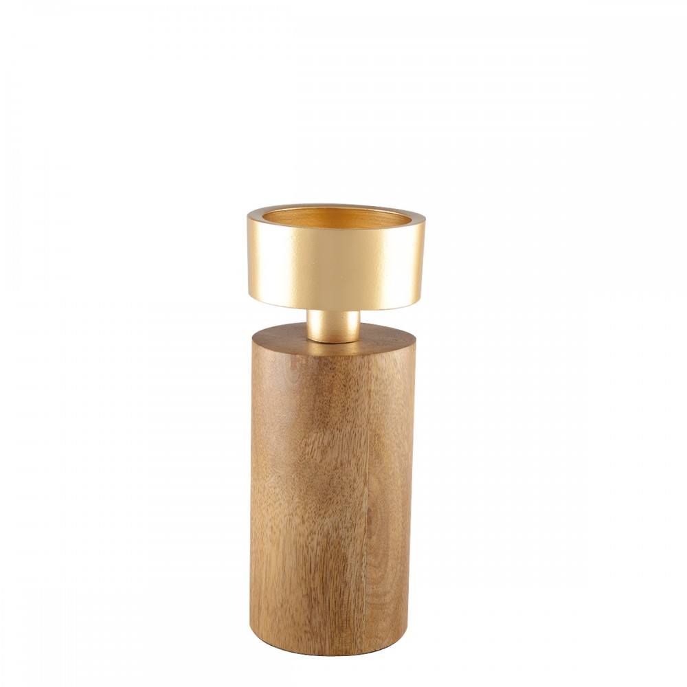 Wood and gold metal candlestick 19cm