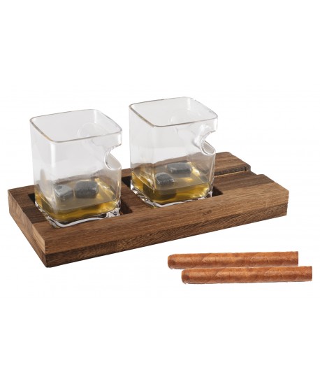 Duo whisky deux verres support bois 4 glaçons pierre céramique