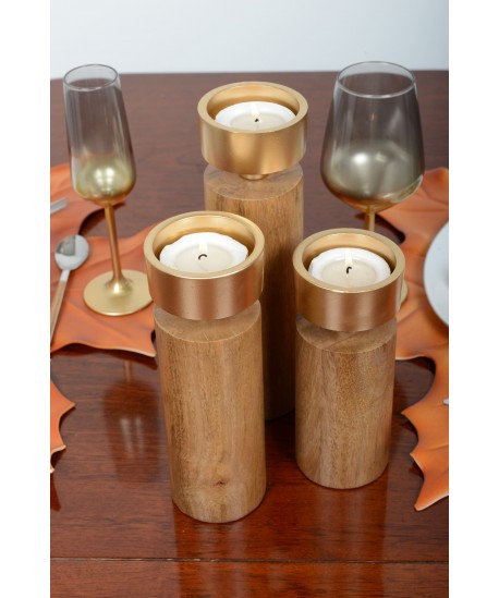 Wood and gold metal candlestick 27cm