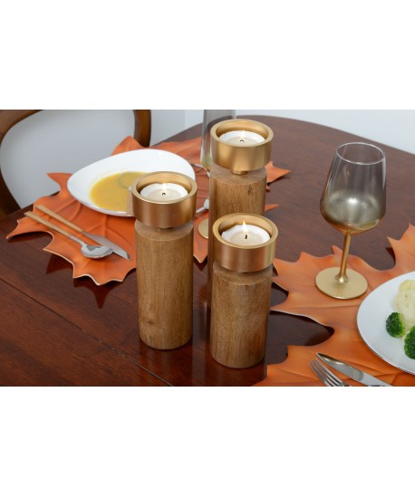 Wood and gold metal candlestick 23cm