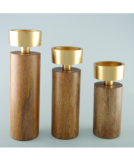 Wood and gold metal candlestick 23cm