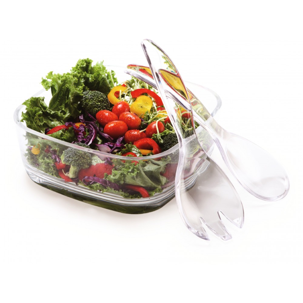 Square salad bowl and acrylic salad servers