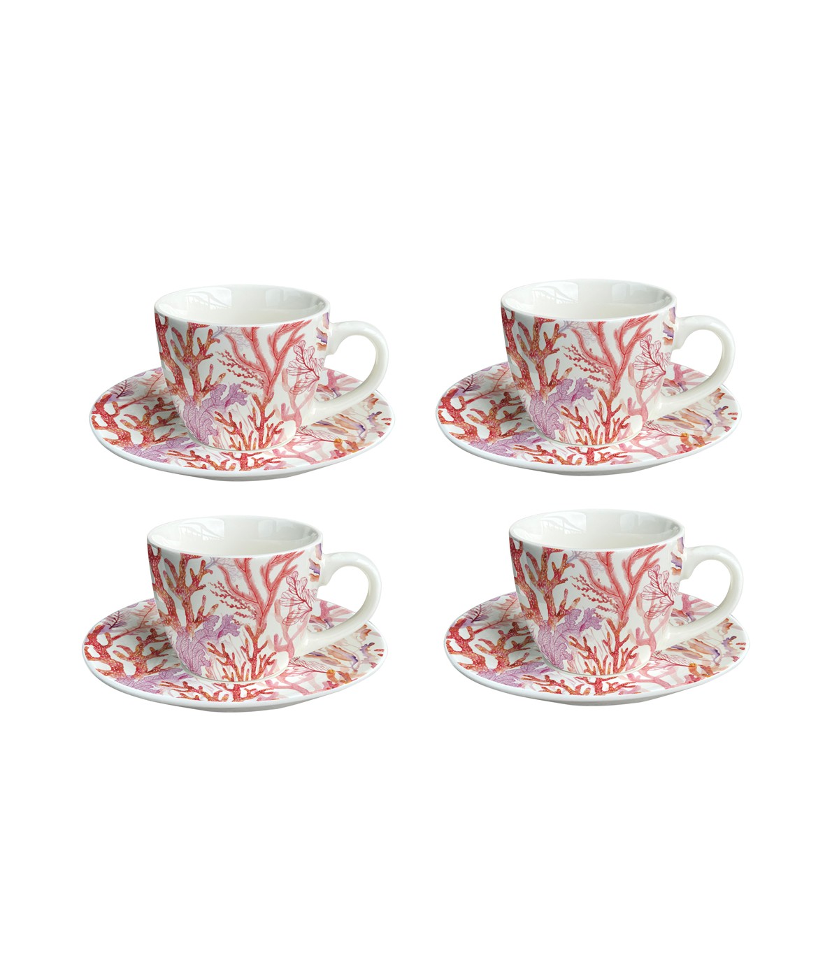 Tasses et sous-tasses corail - lot de 4