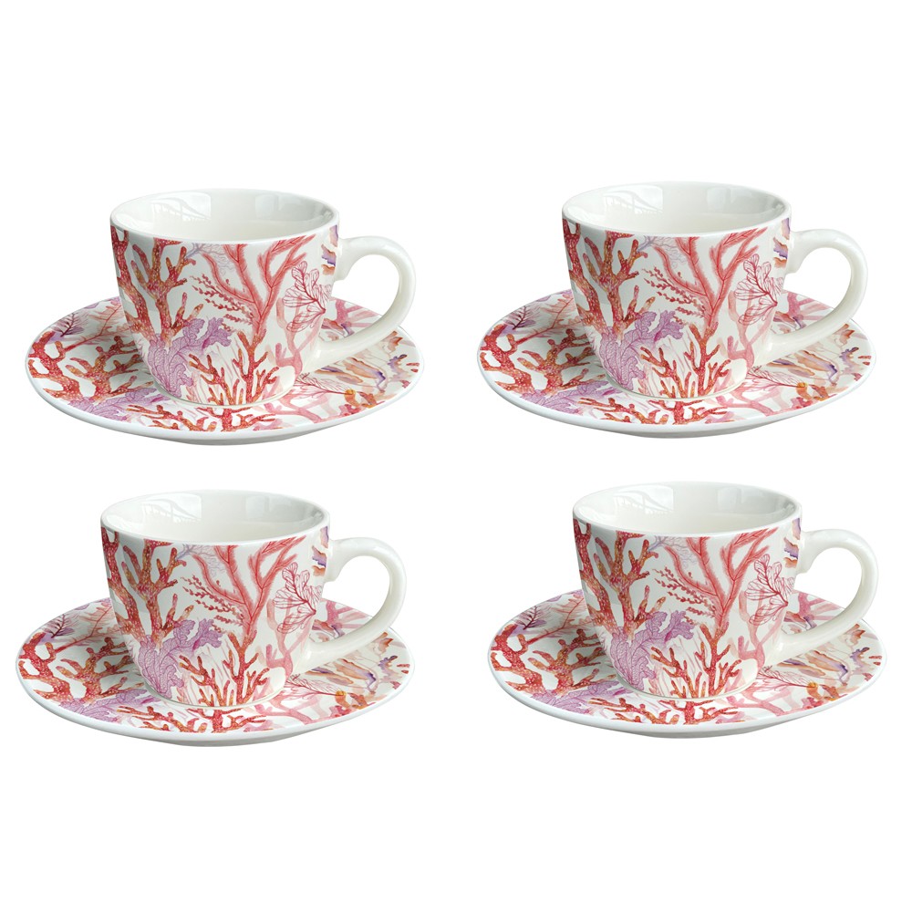 Tasses et sous-tasses corail - lot de 4