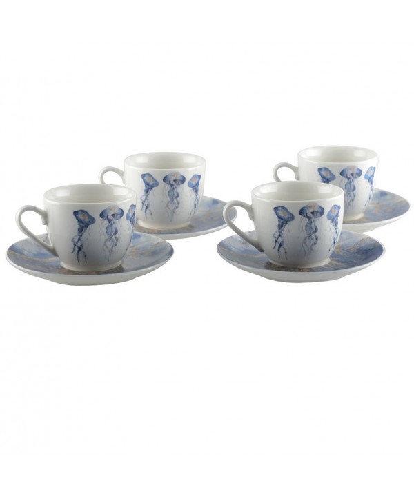 Coffee cups with jellyfish saucers - set of 4