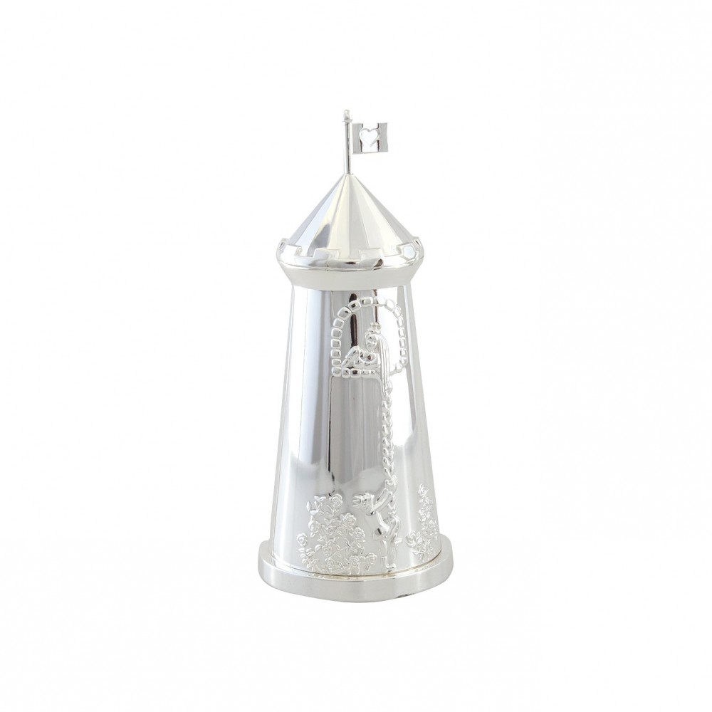 Silver metal tower piggy bank