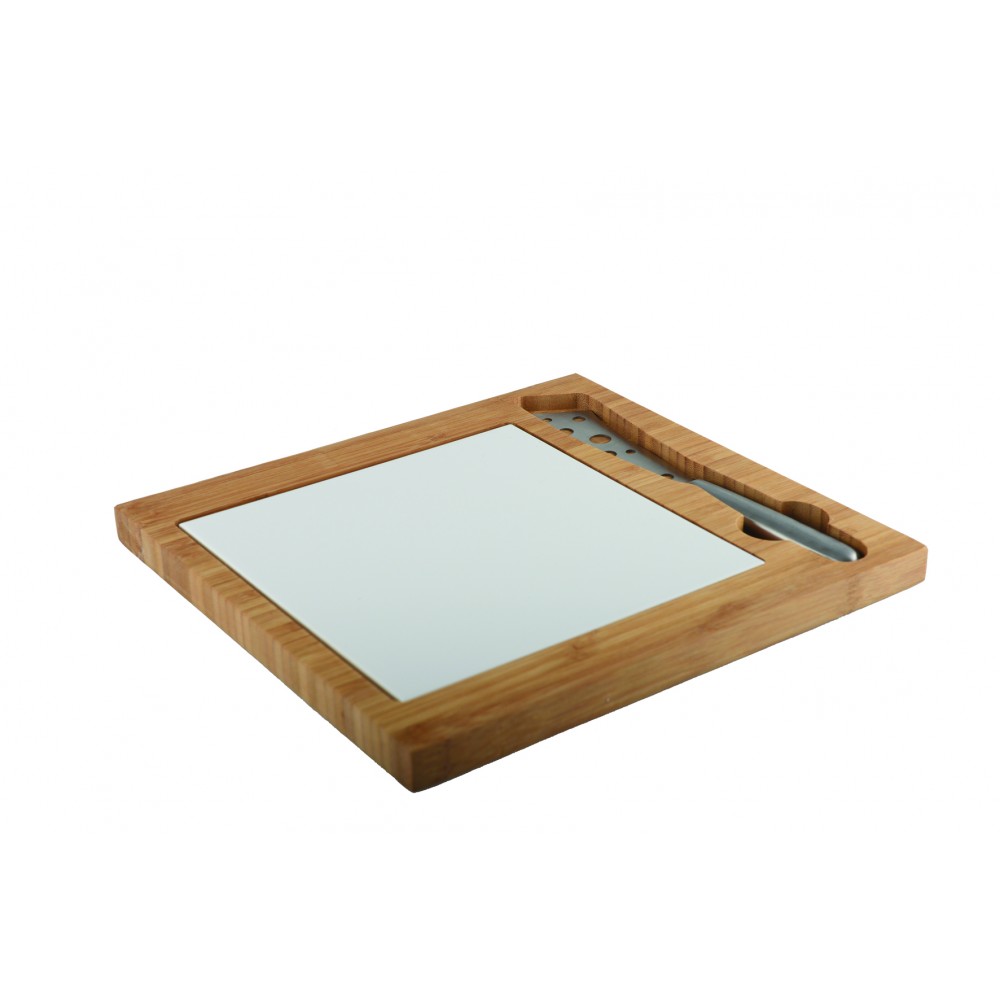 Bamboo and porcelain cheese board with stainless steel knife