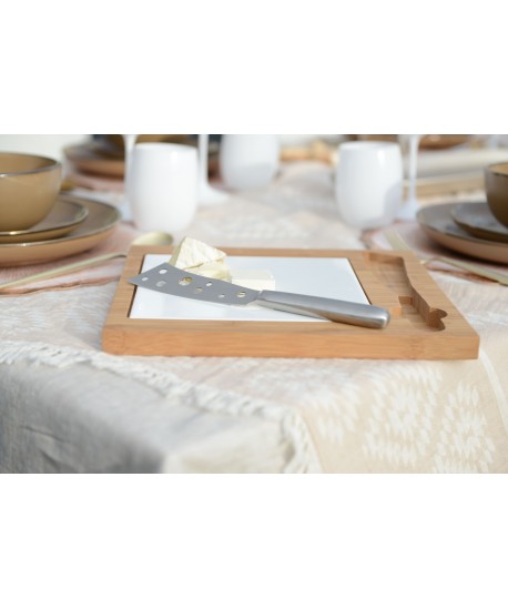 Bamboo and porcelain cheese board with stainless steel knife