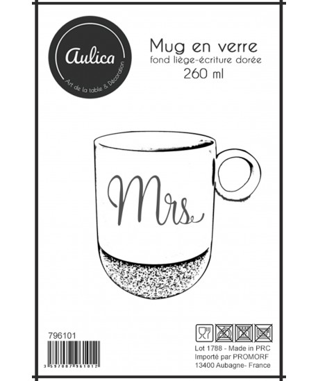 Borosilicate glass mug with gold printing "Mrs." and cork base 