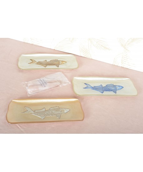 Plat rectangulaire caramel avec poisson argent 31.7x12.7cm