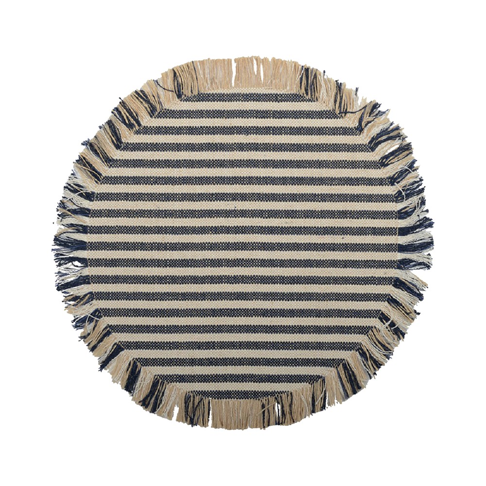 Beige and blue striped burlap placemat