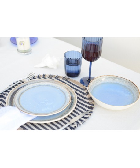 Beige and blue striped burlap placemat