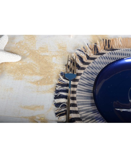 Beige and blue striped burlap placemat