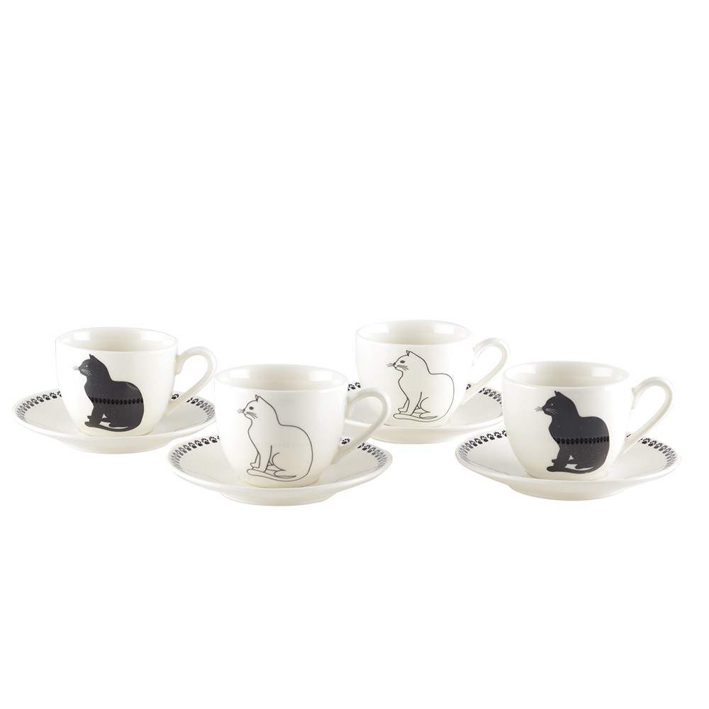 Black and white cat coffee cups with saucers - set of 4