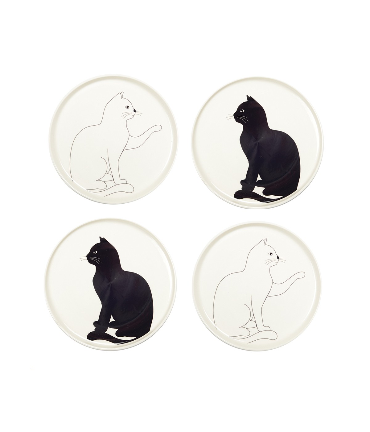 Black and white cat dessert plate - set of 4
