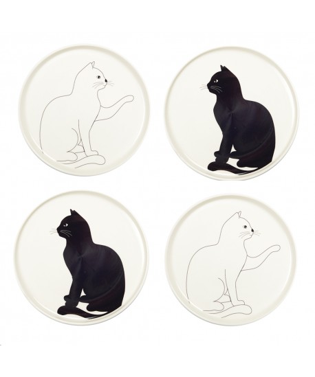 Black and white cat dessert plate - set of 4