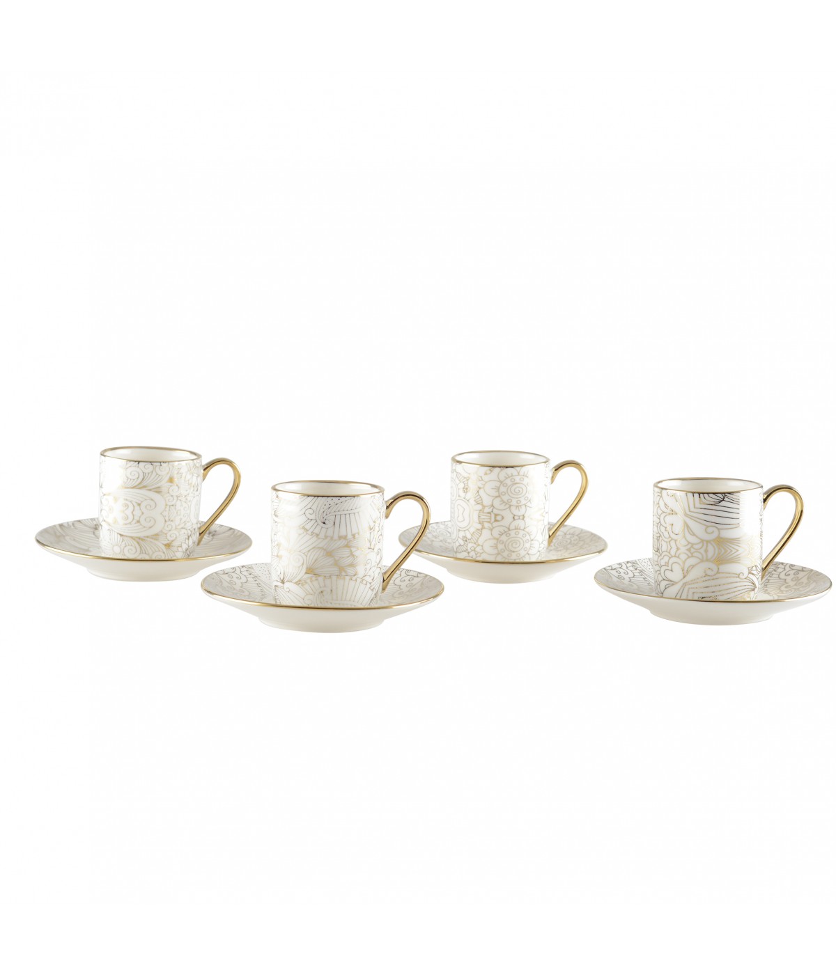 White abstract design coffee cups with saucers - set of 4