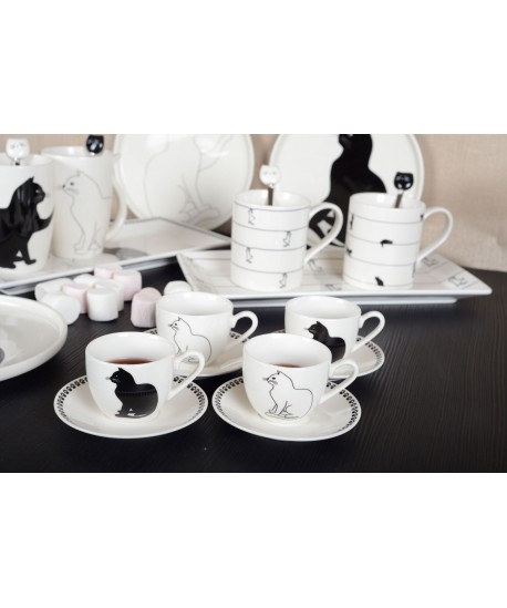 Black and white cat coffee cups with saucers - set of 4