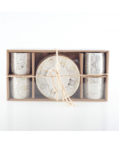 White abstract design coffee cups with saucers - set of 4