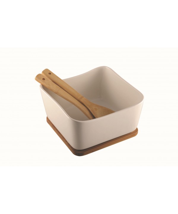 Porcelain and bamboo salad bowl with utensils
