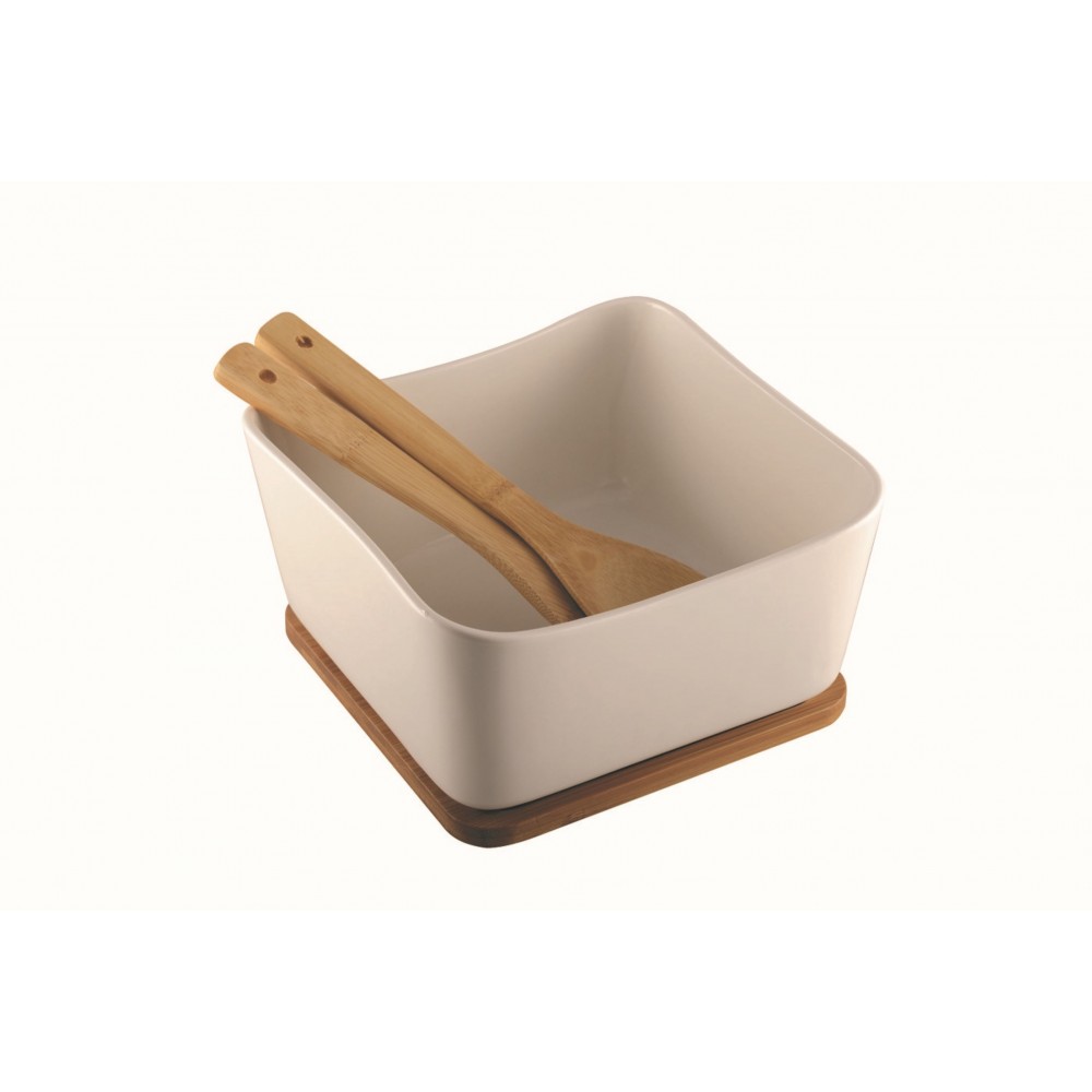Porcelain and bamboo salad bowl with utensils