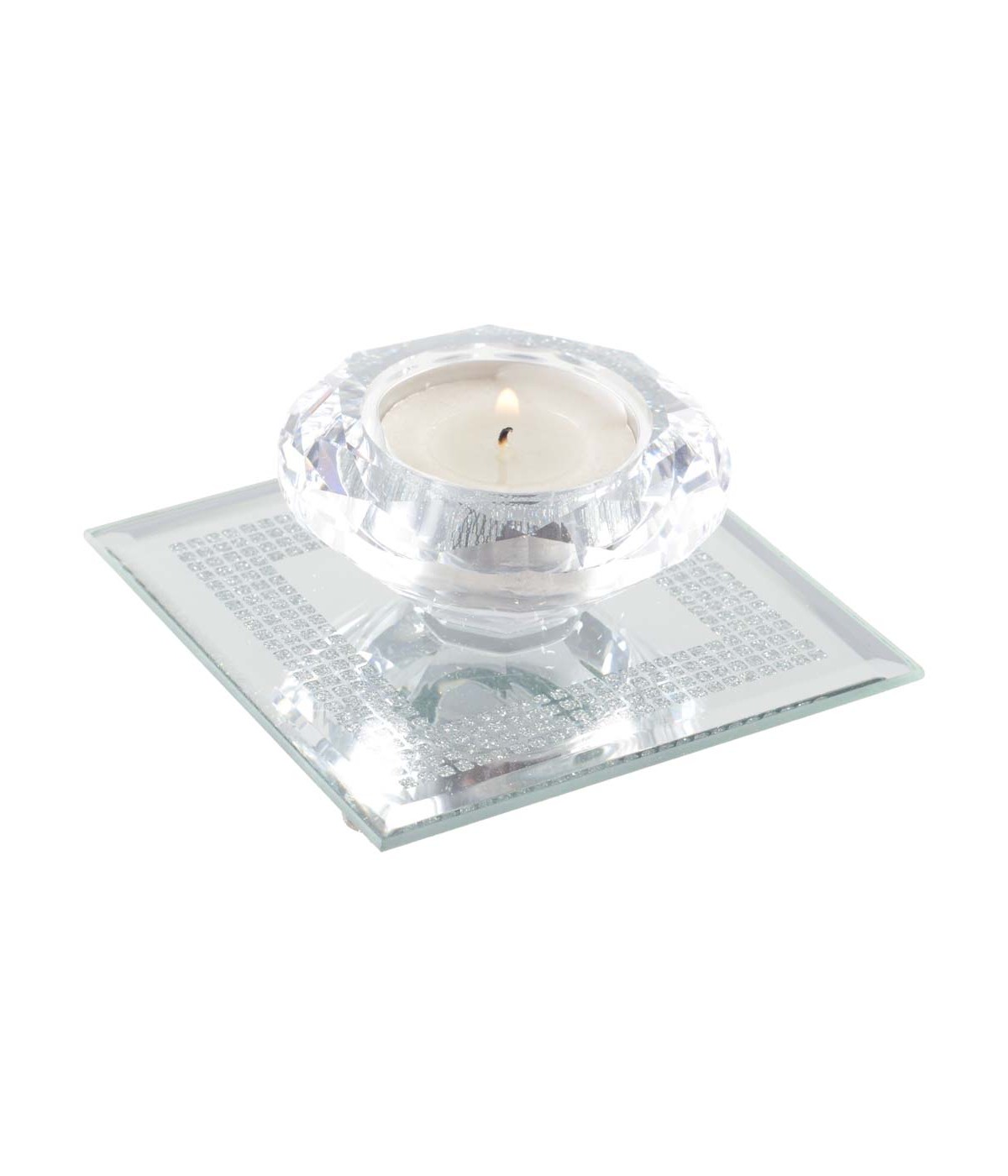 Crystal candle holder 9x9cm on silver mirror square base