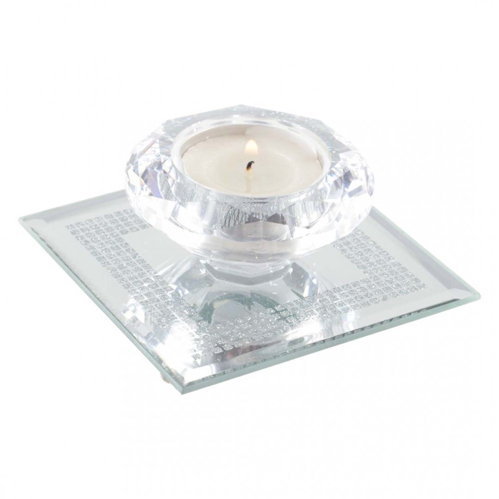 Crystal candle holder 9x9cm on silver mirror square base