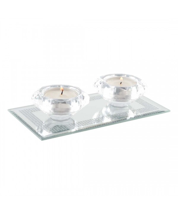 Bougeoir double en cristal sur support rectangle miroir argent