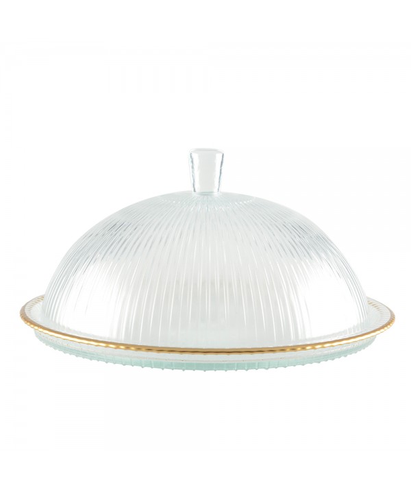 Cloche en verre bords dorés sur plat 32x32x17cm