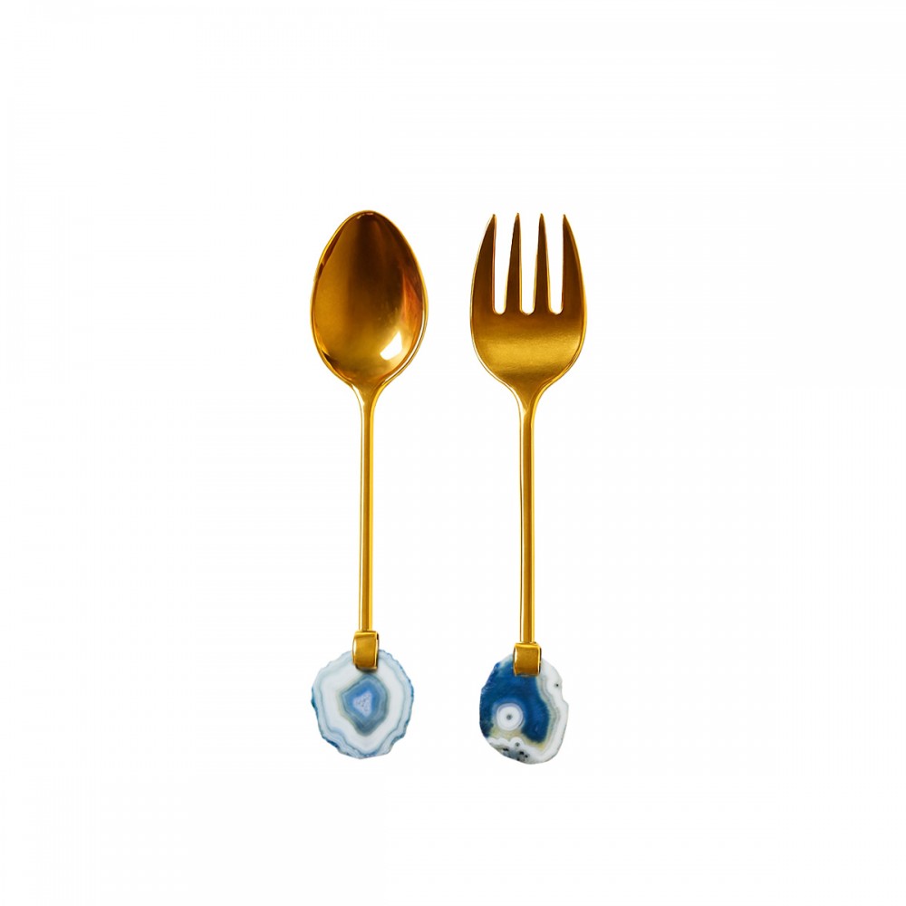 Golden salad servers blue agate stone