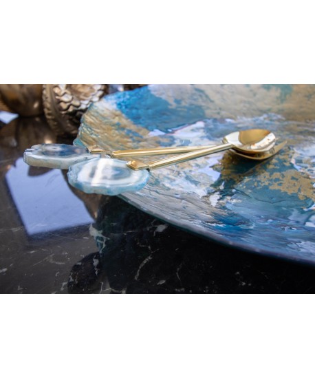 Golden salad servers blue agate stone